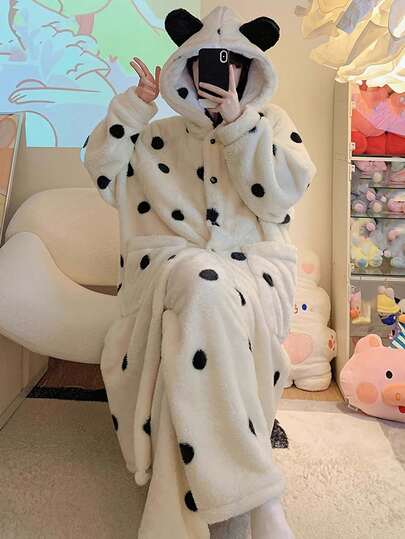 1 件女士冬季兔子连帽珊瑚绒睡袍，可爱加厚睡衣，纯色针织面料，纽扣细节，100% 涤纶，成人晨衣，适合寒冷季节