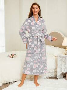 1pc Women's Pink Heart Print Fluffy Robe, Elegant & Fashionable, Thick & Warm For Autumn/Winter, Comfortable For Outdoor, Vacation And Home Wear, Fall, Cozy - Multicolor - View 4