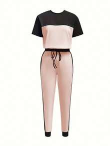 2pcs/Set Casual Patchwork Colorblock Short Sleeve Crew Neck T-Shirt And Long Pants Outfit - Apricot - View 3