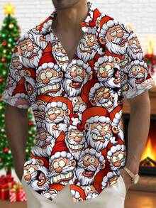Christmas Santa Claus Cartoon 3D Digital Print Men's Button Pocket Short Sleeve Shirt - Red - View 1