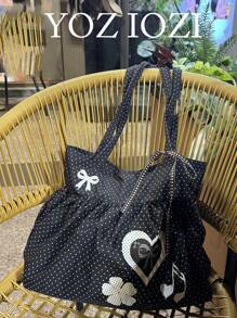 Borsa a tracolla in stile coreano in tela a pois, borsa da pendolare pieghevole di grande capacità per studenti universitari, borsa a spalla con design a nuvola con fiocco a balze