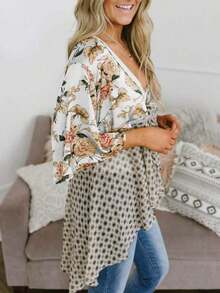 Women 3/4 Ruffle Sleeve Floral Kimono Cardigans Lightweight Patchwork Flowy Boho Tie Loose Cover Ups - White - View 2