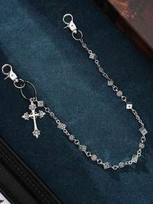 1pc Dice & Cross Patchwork Waist Chain, Fashionable Punk Personalized Street Hip-Hop Pant Chain, Unisex Retro - Ancient Silver - View 3