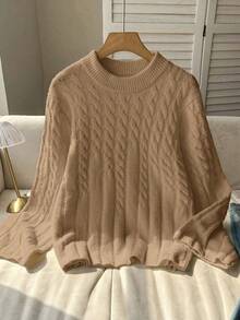 FOR BEAUTY 秋冬新款纯色圆领扭结针织长袖毛衣女款，时尚宽松简约休闲通勤套头针织衫，新年款 - 中杏 - 查看 4