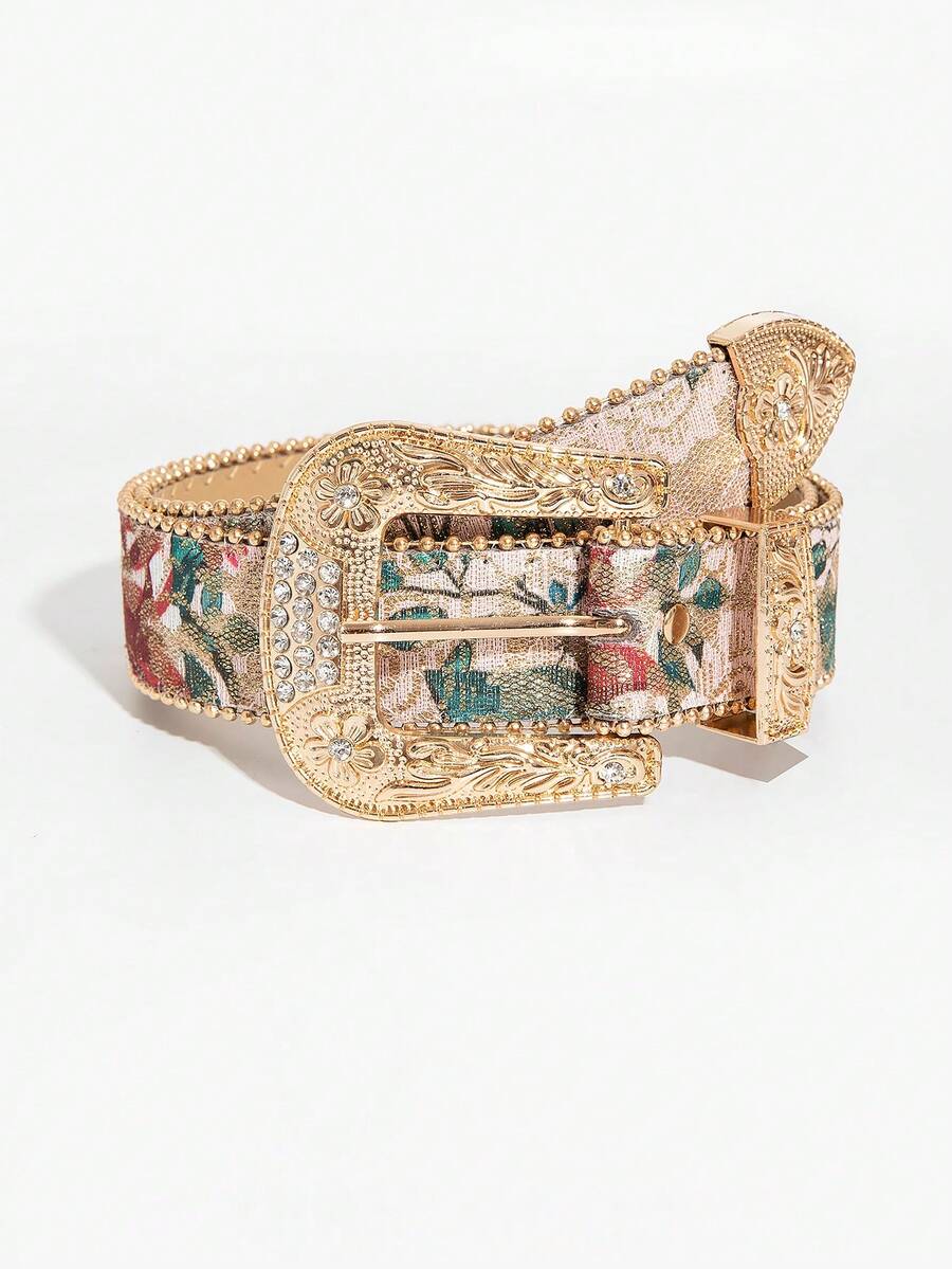 1 件女士复古宫廷风格宝石雕花扣花卉刺绣腰带，百搭牛仔裤配饰