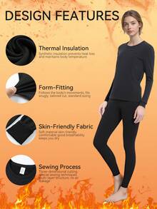 女士保暖内衣套装 - 圆领长袖上衣和裤子，时尚黑色 | 保暖内衬，超保暖，透气修身 | 居家休闲、城市通勤、滑雪旅行和徒步旅行的理想之选 | 防静电，速干科技 | 秋季、圣诞节和假日季的冬季必备保暖单品 - 黑色 - 查看 3