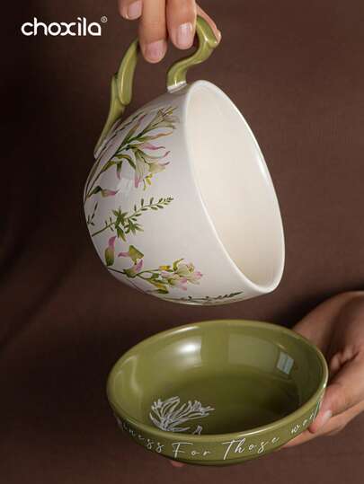 1 pièce Tasse à café à motif de lys, tasse en céramique de grande capacité avec couvercle, tasse multifonctionnelle pour petit-déjeuner, tasse à lait, bol à yaourt