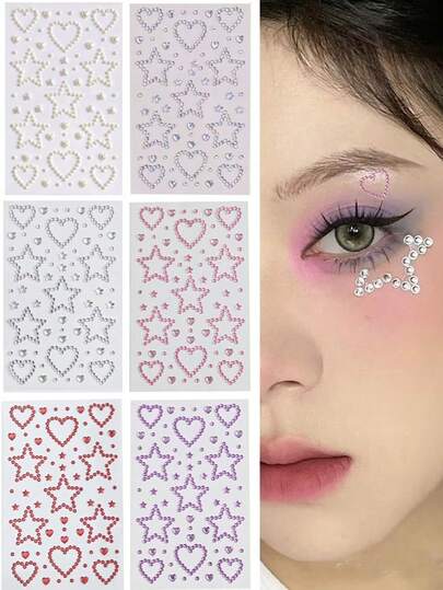 Love Pentagram Multiple Colors Glittery Stereo Gem Stickers Makeup Holiday Party Y2K Style Music Festival DIY Eyes Face Jewels Stickers Suitable For Dance Performances Parties And Stage Cosplay Wedding Fake Tattoos,Junk Case Charms Kit/Nail Charm,Concert Look,Face Gems