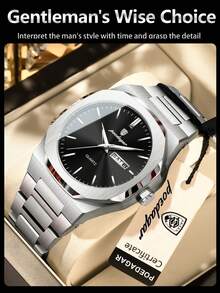 POEDAGAR 男士商务日期星期不锈钢石英表，时尚防水夜光男士腕表，休闲男士腕表，适合日常佩戴，节日男士礼物