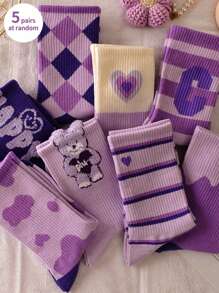 5 pares de calcetines de media caña de colores aleatorios para mujer, calcetines largos tipo tubo con estampado lindo de osos y letras, adecuados para uso diario en primavera y otoño - Multicolor - Ver 11