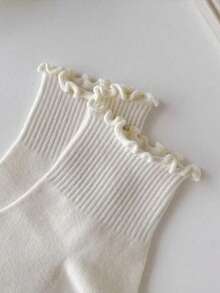 3 Pairs Women's Ruffle Trim Mid-Calf Socks, Suitable For Loafers And Flats, Solid Color Socks For Back To School, Japanese Style