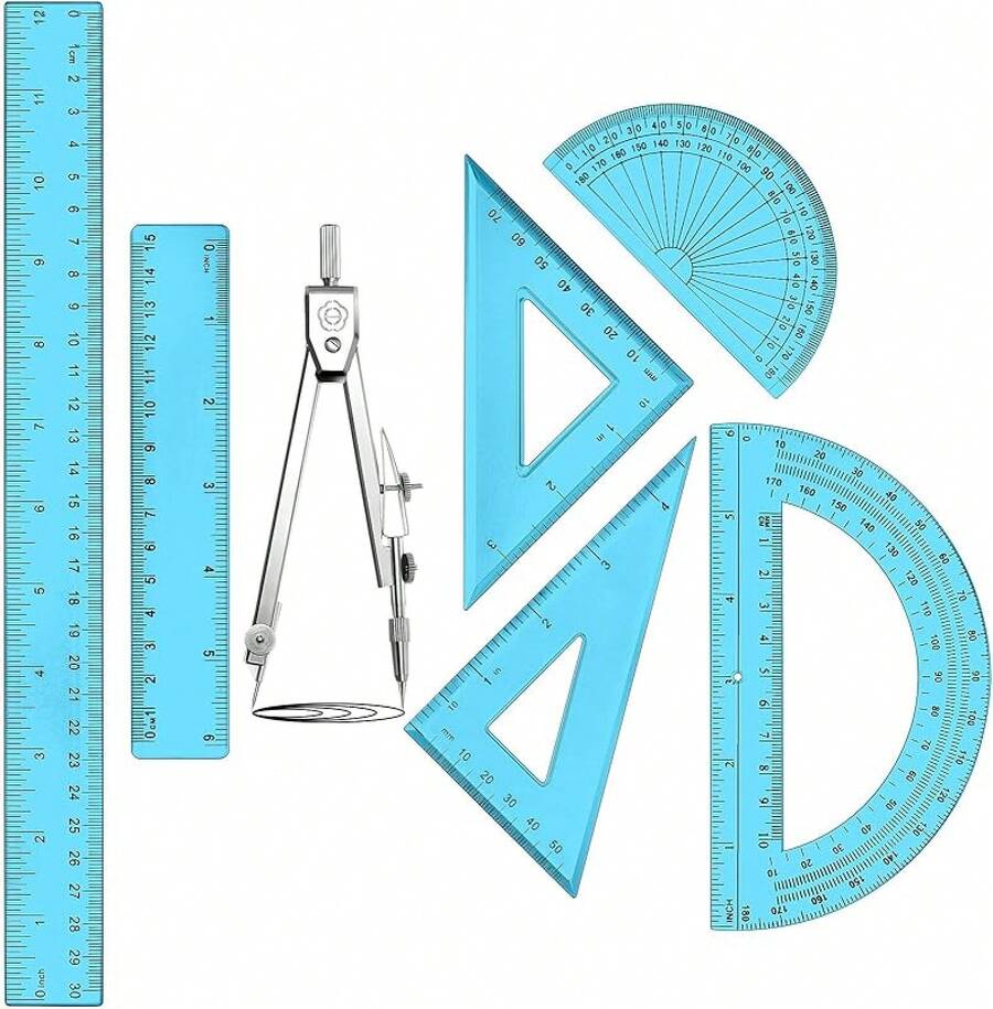 1 Set de Útiles de Geometría de Plástico Incluye Dibujo, Transportador de 6 Pulgadas y 4 Pulgadas, Reglas de 45/60 Grados de 12 Pulgadas y 6 Pulgadas, Suministros de Oficina Transparentes (Rosa) - Azul - Ver 1