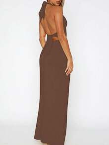 女士纯色系带露背吊带修身褶皱长裙，性感优雅派对晚礼服，适合舞会、情人节、婚礼等场合，春季穿着。 - 棕色 - 查看 6