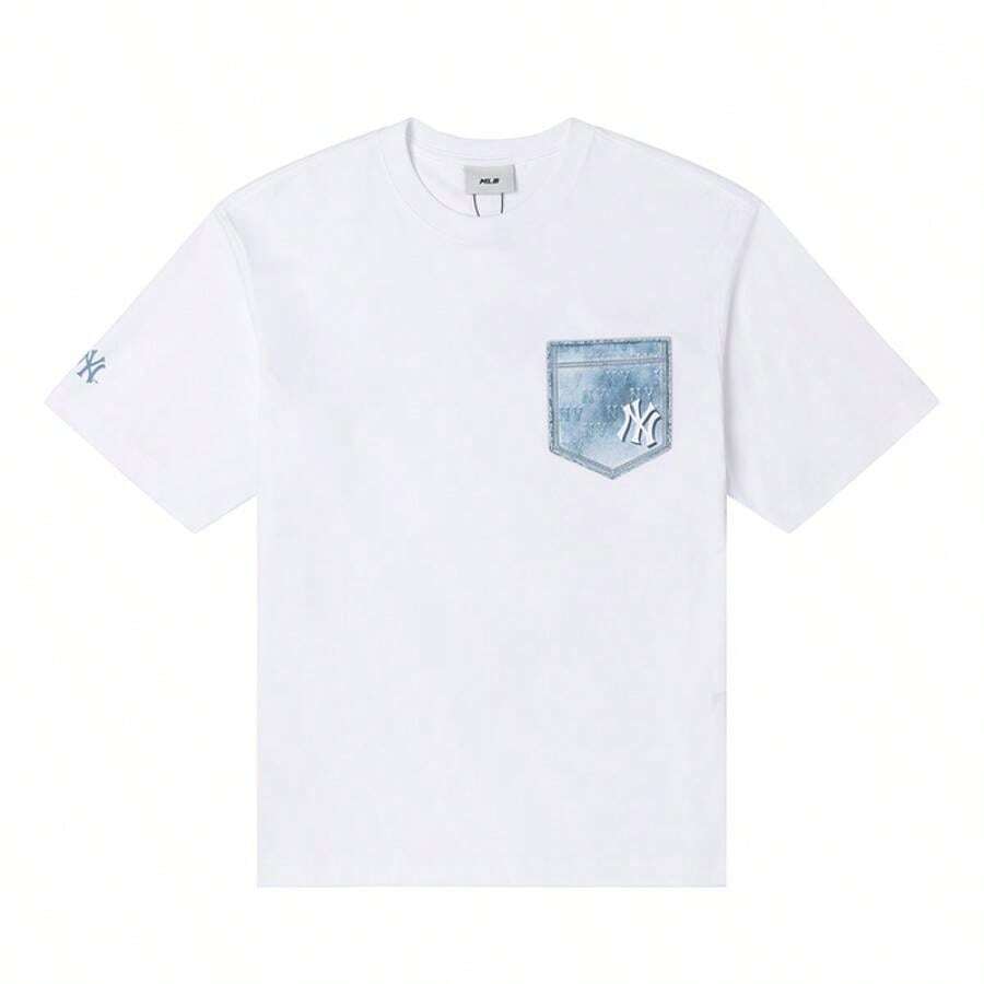 MLB Tricou unisex supradimensionat cu buzunar monoton, tip denim, casual, confortabil, de zi cu zi, tricou cu mânecă scurtă pentru sporturi în aer liber