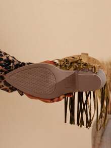 Western Style Boho Buckle Decor Fringe Rivet Wedge Slip-On Loafers, Versatile Western Ankle Boots, Solid Color Boots - Dark Brown - View 7