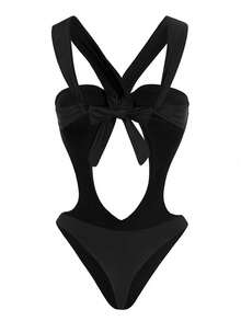 新款春夏性感优雅黑色纯色镂空连体泳衣，适合海滩、派对、约会度假等场合。 - 黑色 - 查看 3