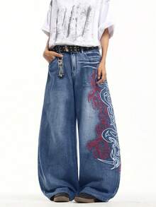 1pc Hong Kong Style High Street 3D Embroidered Floral Fashion Versatile Men's Washed Loose Wide Leg Jeans (Product Does Not Include Belt And Accessories) - Blue - View 4