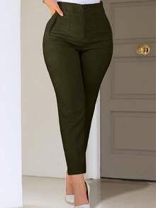 Damskie spodnie casualowe w jednolitym kolorze, plus size, dopasowane, odpowiednie do dojazdów do pracy i noszenia na co dzień - Wojskowa Zieleń - Zobacz 1