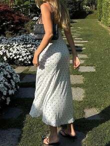 Yuwenier 优雅浪漫 A 字缎面波点印花长裙，蕾丝拼接吊带设计，适合情人节、音乐节、婚礼、度假、海滩等场合，白色夏季 - 白色 - 查看 2