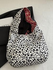 1pc Leopard & Plaid Pattern Polyester Large Capacity Reversible Tote Bag, Suitable For Casual Outings And Shopping In Autumn/Winter - Black and White - View 7