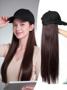 棒球帽配长直合成假发 - 24英寸内置假发帽，二合一防晒，适合女性，圣诞派对日常装扮皆宜 - 彩色 - 查看 16