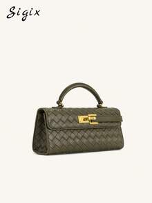 时尚小众设计编织手提包，法式优雅休闲方形单肩包，适合婚礼、派对、女士 - 綠色 - 查看 1