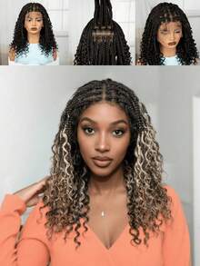 180% Full Lace Braided Wig Curly Mini Faux Wig For Vacation-Party 40.64cm Shoulder Length Synthetic Lace Wig Women