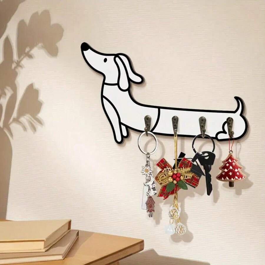 1 个白色腊肠犬壁挂式收纳架 - 天然木钥匙扣，带 4 个挂钩，适用于卧室、办公室入口装饰、乔迁礼物、狗主题壁挂、家居整理、耐用设计、壁挂式收纳、收纳爱好者必备品，适用于圣诞节家居装饰（需自行安装） - 彩色 - 查看 1