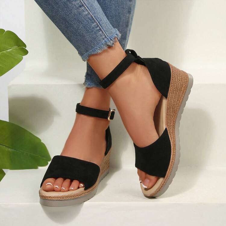 Sandalias de cuña con plataforma cómodas y elegantes para el verano con tira de tobillo y punta abierta para mujer - Negro - Añade 8