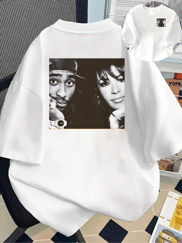 Women's Short Sleeve Crew Neck T-Shirt - White Alypse Now & All Eyez On Me Album Art Portrait Print, Casual Streetwear Graphic Tee, Machine Washable Spring Summer Top, Casual Attire, Relaxed Fit Shirt, Comfortable Wear, Durable Fabric
