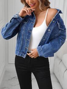 Chamarra Denim Cazadoras Mezclilla Abrigos Vaqueros Azul Manga Larga Botones aplicaciones manga larga solapa bolsillos Chaqueta vaquera corta con dobladillo de manga larga para mujer - Azul - Ver 6