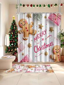 1 Piece/4 Pieces Christmas Scene Winter Decor, Pink Gingerbread Man, Snowflake, Christmas Shower Curtain, Modern Personalized Bathroom Christmas Decor, Waterproof Fabric Shower Curtain Set With 12 Hooks, Non-Slip Bathroom Rug, U-Shaped Toilet Mat, Toilet Lid Cover, Christmas Home Decor. Bathroom Decor