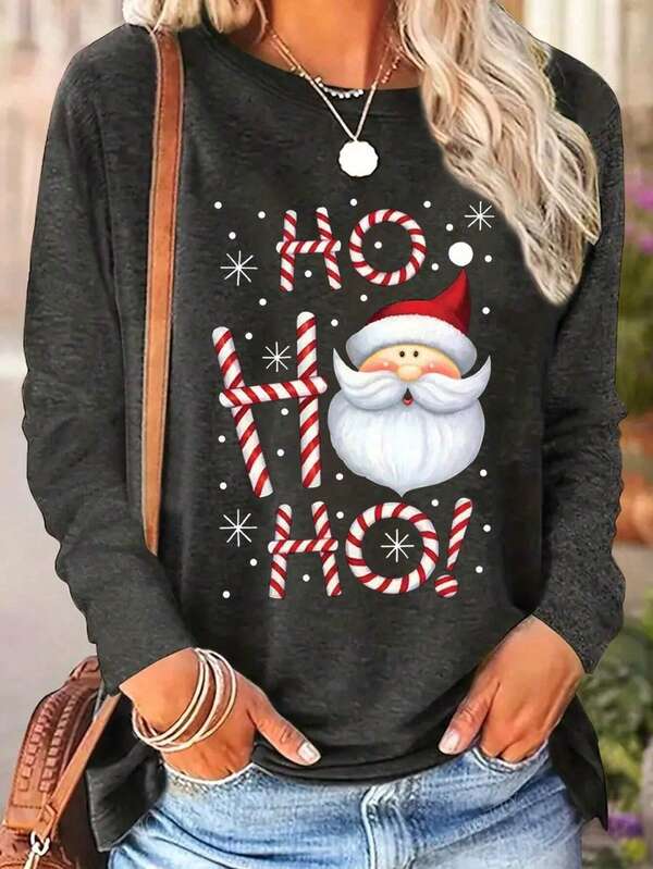 Camisetas casuales de manga larga con cuello redondo para mujer de talla grande, con gráficos de Papá Noel y eslóganes, blusas navideñas, ropa de otoño e invierno para mujeres