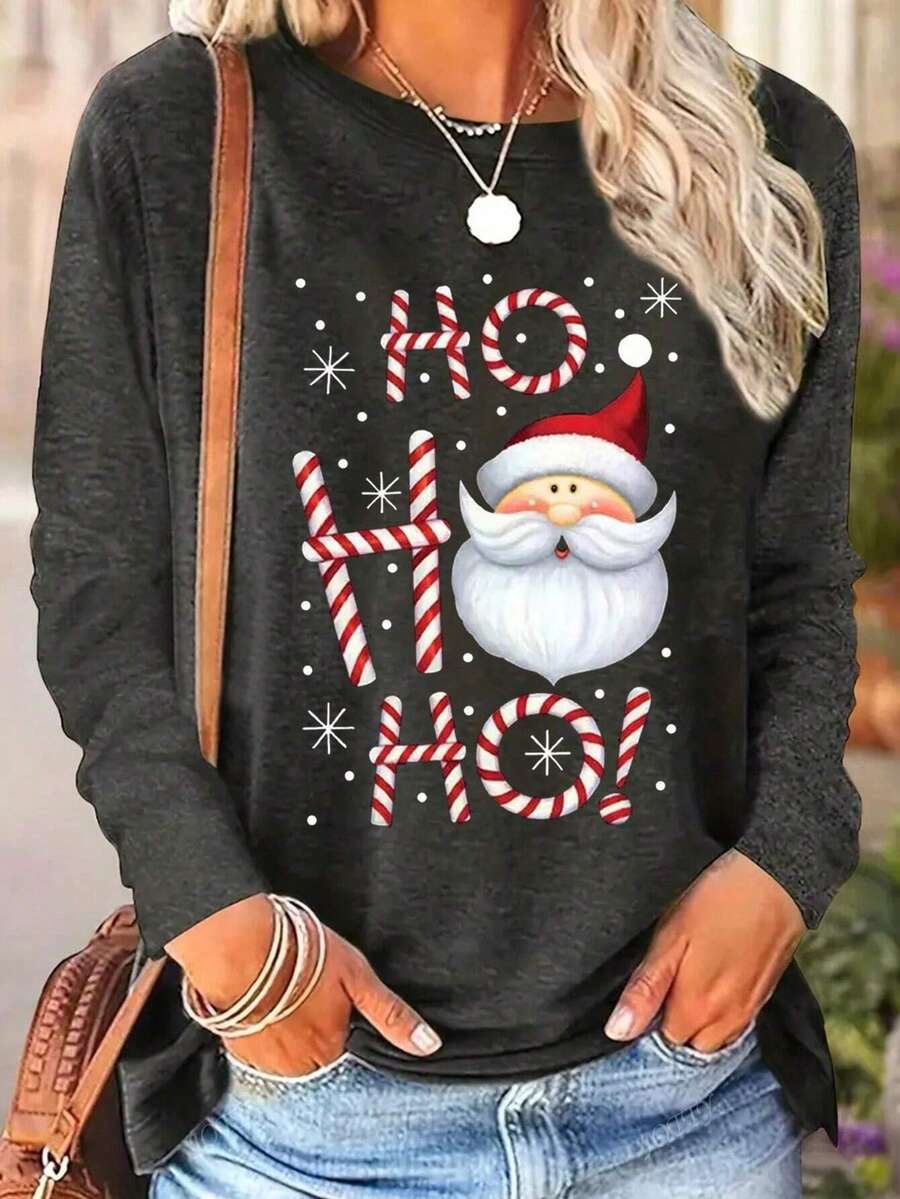 Camisetas casuales de manga larga con cuello redondo para mujer de talla grande, con gráficos de Papá Noel y eslóganes, blusas navideñas, ropa de otoño e invierno para mujeres