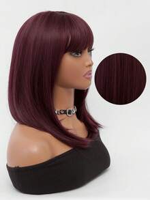优雅的 16 英寸刘海红色中长直发鲍勃假发 - 耐热合成头发，哑光丝绸，适合初学者，易于护理，适合女性日常佩戴派对假发，万圣节圣诞节角色扮演街头时尚假发 - 中紫紅色 - 查看 4
