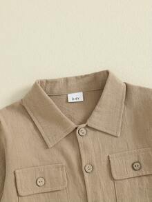 Camisas de otoño para bebés varones, camisas de manga larga de color liso con solapa y botones, blusas de otoño para niños pequeños - Caqui - Ver 3