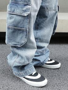 Men's Baggy Denim Cargo Pants Loose Fit Streetwear Wide Leg Workwear Style With Large Side Pockets - 淺色水洗藍 - 查看 6