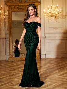 UNITHORSE [Random Cut] Women Off Shoulder Backless Dress, Shiny Sequins Elegant Evening Party Dress, Bride Dress, Birthday Outfits, Graduation Dress, Formal Dress - 墨綠色 - 查看 5