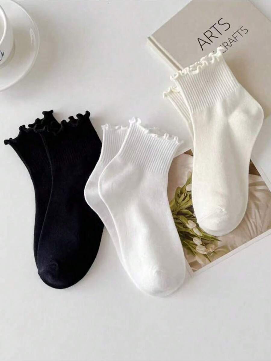3 Pairs Women's Ruffle Trim Mid-Calf Socks, Suitable For Loafers And Flats, Solid Color Socks For Back To School, Japanese Style