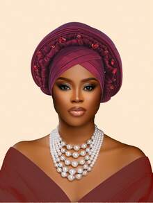 1件重工镶钻多层非洲尼日利亚婚礼头巾，适合婚礼、母亲节礼物、睡帽 - 彩色 - 查看 17