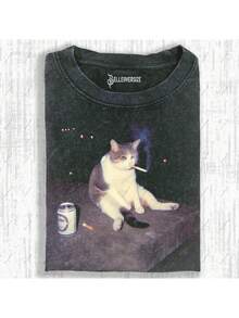 1 Piece, 230g Washed, Quirky Cat T-Shirt, Smoking Cat, Daily Wear, Spring Summer Fashion Comfortable Printed Crew Neck Top, Loose Casual Unisex Style, Machine Washable, Holiday Gift, Women's Washed Cotton T-Shirt, Women's Washed Cotton T-Shirt - 黑色 - 查看 1
