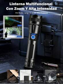 Linterna táctica de alta potencia con largo alcance, luz LED con pantalla LCD de visualización de alimentación, recargable por USB, con zoom telescópico, linterna para camping - Negro - Ver 2