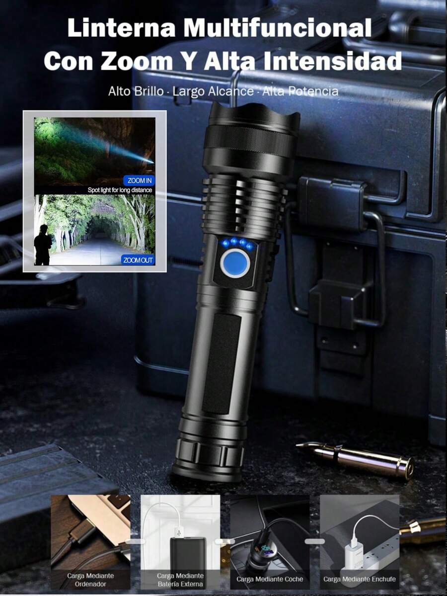 Linterna táctica de alta potencia con largo alcance, luz LED con pantalla LCD de visualización de alimentación, recargable por USB, con zoom telescópico, linterna para camping