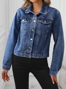 Chamarra Denim Cazadoras Mezclilla Abrigos Vaqueros Azul Manga Larga Botones aplicaciones manga larga solapa bolsillos Chaqueta vaquera corta con dobladillo de manga larga para mujer - Azul - Ver 2