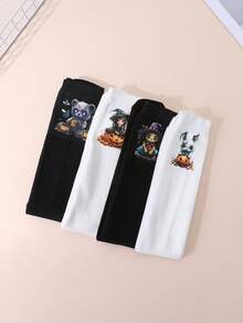 4 Pairs Of Black And White Long Stockings With Bat And Skull Print Patterns For Girls. They Are Suitable For Halloween And Are Backless Calf Socks. - Black and White - View 5