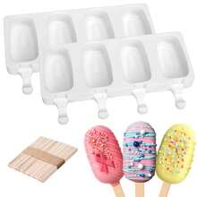 مجموعة قوالب المثلجات 2 قطعة، قوالب ثلج من السيليكون 4 تجاويف لصنع الكعك المثلجة البيضاوي الشكل مع 50 عيدان خشبية لصنع المثلجات DIY، شفاف