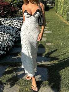 Yuwenier 优雅浪漫 A 字缎面波点印花长裙，蕾丝拼接吊带设计，适合情人节、音乐节、婚礼、度假、海滩等场合，白色夏季 - 白色 - 查看 3