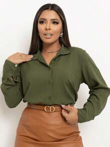 BELLA ELISA White Formal Shirt Great Quality / Factory Price New Release / Minimalist Style / Shirt With Front Button - Army Green - View 5
