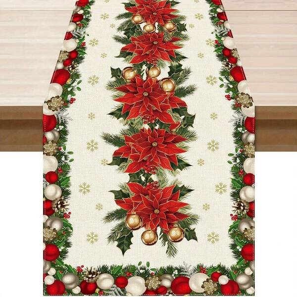 1 pezzo Runner da tavolo natalizio - Disegno di Poinsettia e ornamenti, adatto per la decorazione di ristoranti per le vacanze - Tovaglia lavabile in lavatrice, adatta per la decorazione natalizia di casa e cucina - Adatto per varie dimensioni di tavoli