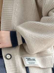 Spring New Contrast Stitching Pocket Design Loose Knitted Cardigan Coat Simple Casual Versatile Women's Sweater - Beige - View 6